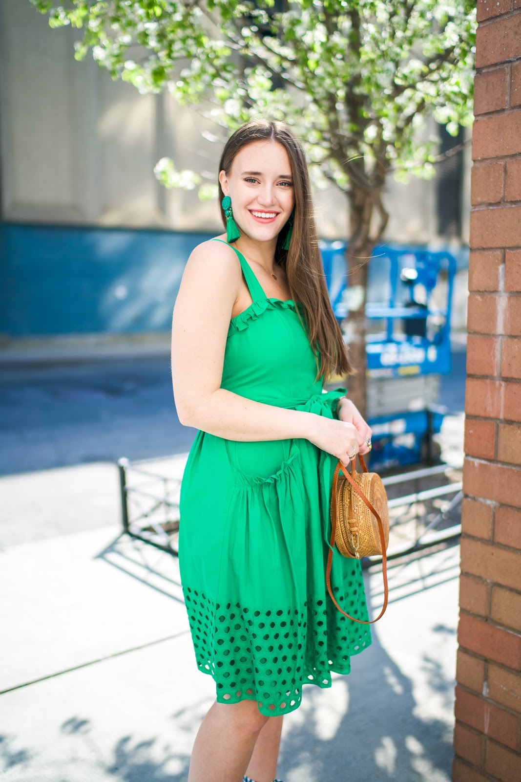 Keeneland Green Sundress styled by popular New York fashion blogger, Covering the Bases