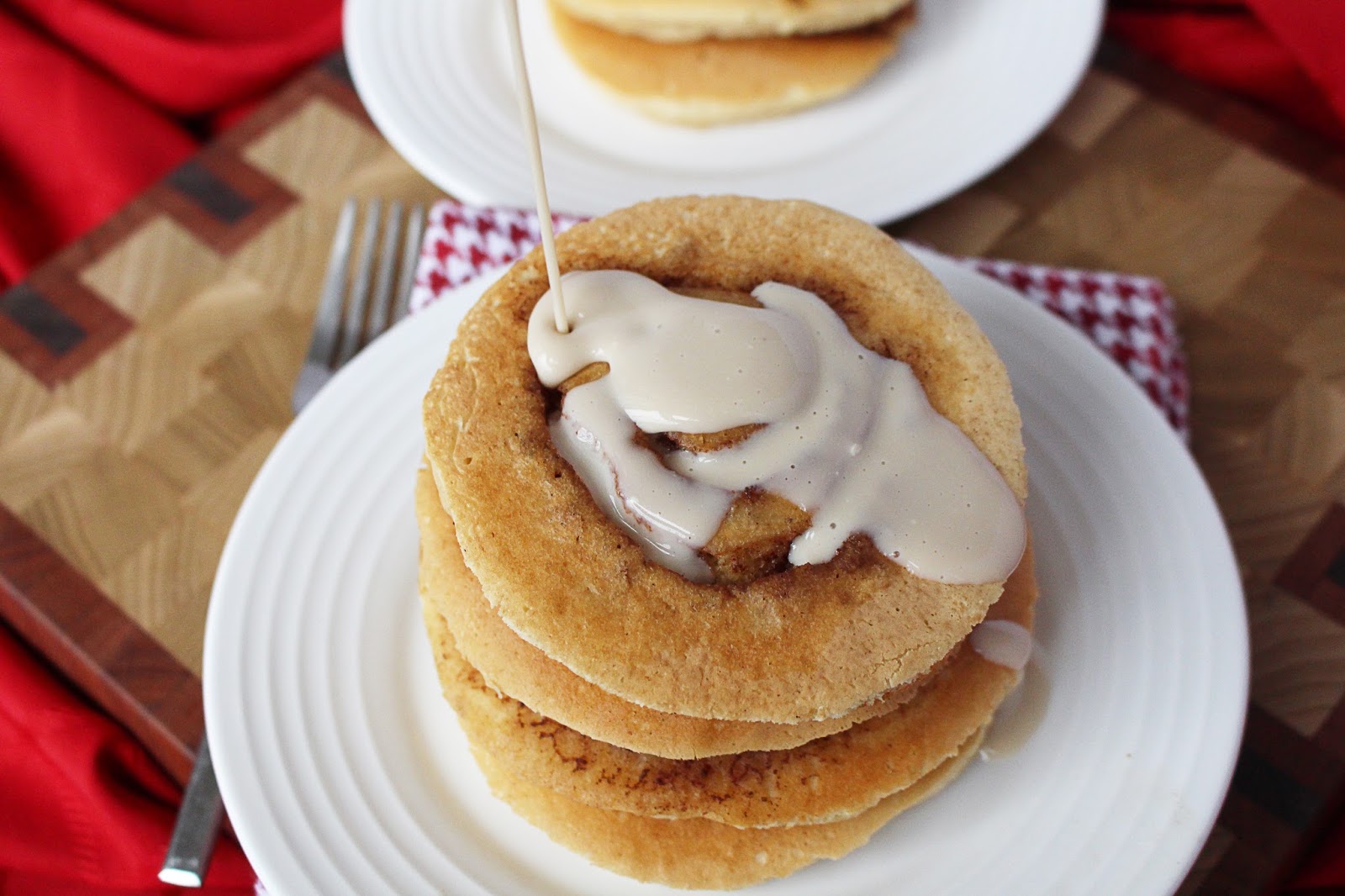 Kylee's Kitchen Cinnamon roll pancakes with maple cream cheese glaze