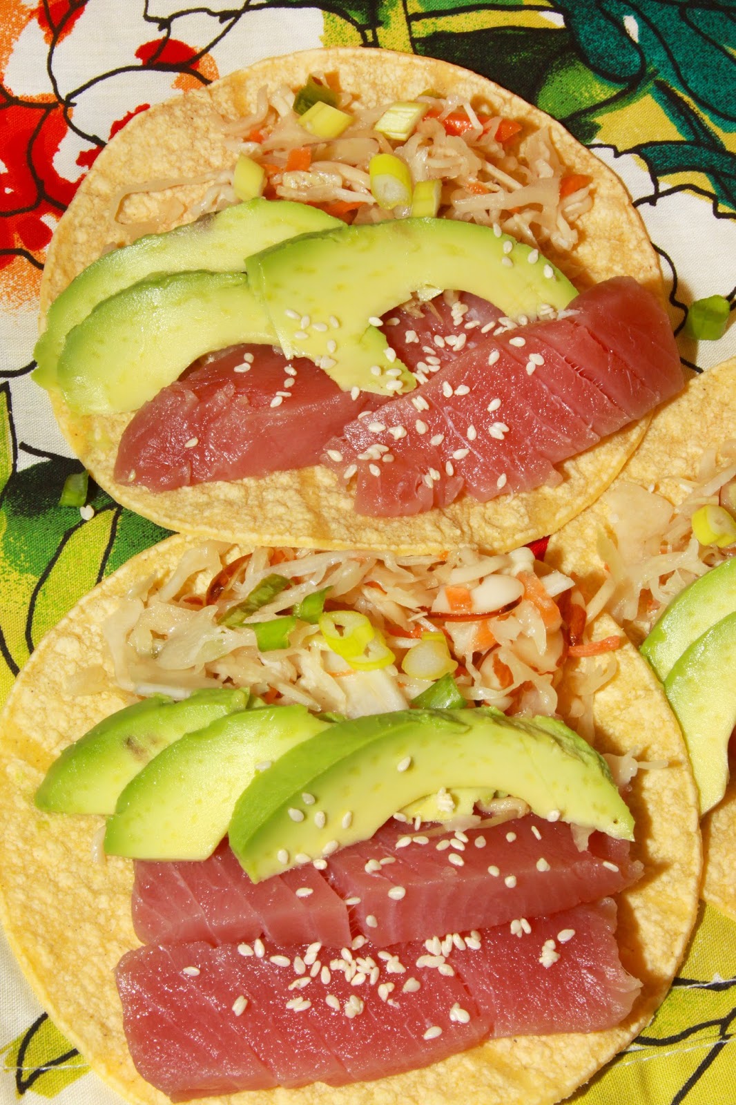 For the Love of Food Ahi Tuna Fish Tacos with Wasabi Creme and Ramen Slaw