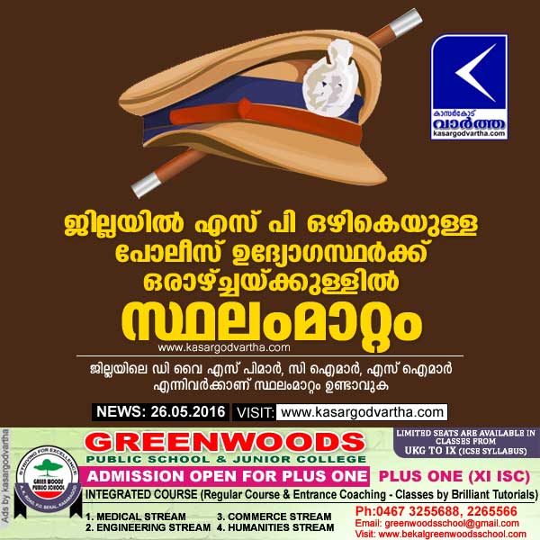 ജില്ലയില് എസ് പി ഒഴികെയുള്ള പോലീസ് ഉദ്യോഗസ്ഥര്ക്ക് ഒരാഴ്ച്ചയ്ക്കുള്ളില് സ്ഥലംമാറ്റം