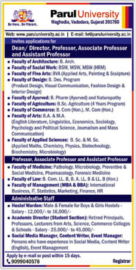 Parul University, Vadodara Various Recruitment 2016