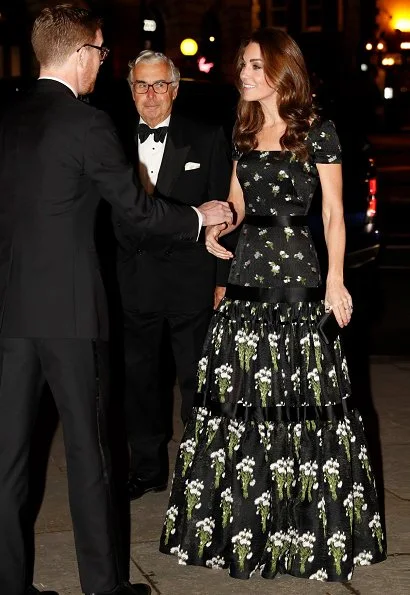 Kate Middleton wore Alexander McQueen dress, Jimmy Choo pumps, Kiki McDonough earrings, Prada clutch