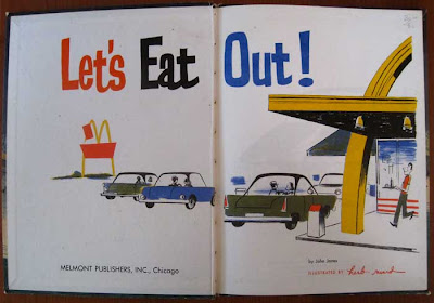 Title page, with conte crayon drawing in flat color of cars outside a McDonald's