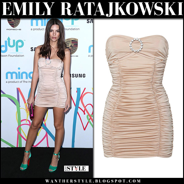 Emily Ratajkowski in blush ruched mini dress at The Hawn Foundation Gala on  November 3 ~ I want her style - What celebrities wore and where to buy it.  Celebrity Style