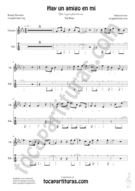  Ukelele Tablatura y Partitura de Hay un amigo en mi Punteo Tablature Sheet Music for Ukelele Tabs Music Scores