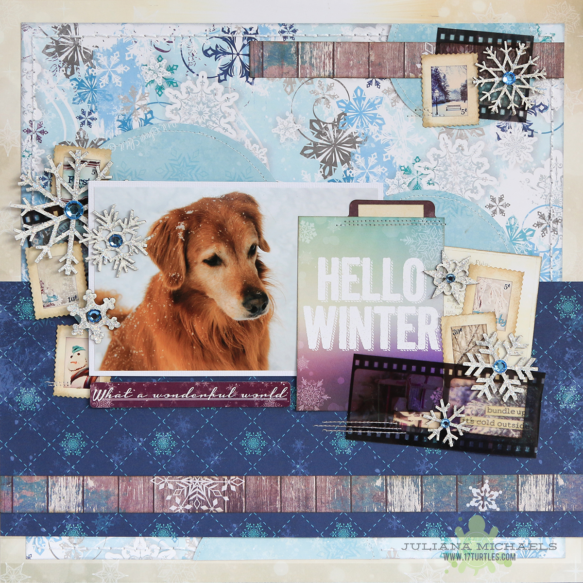 Hello Winter Pet Scrapbook Page by Juliana Michaels for BoBunny using the Altitude collection and Leaky Shed Studio Chipboard
