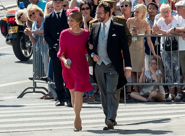 Grand Duchess Maria Teresa, Princess Stephanie wore Alexander McQueen Fuchsia Cape-back Crepe Midi Dress at National Day