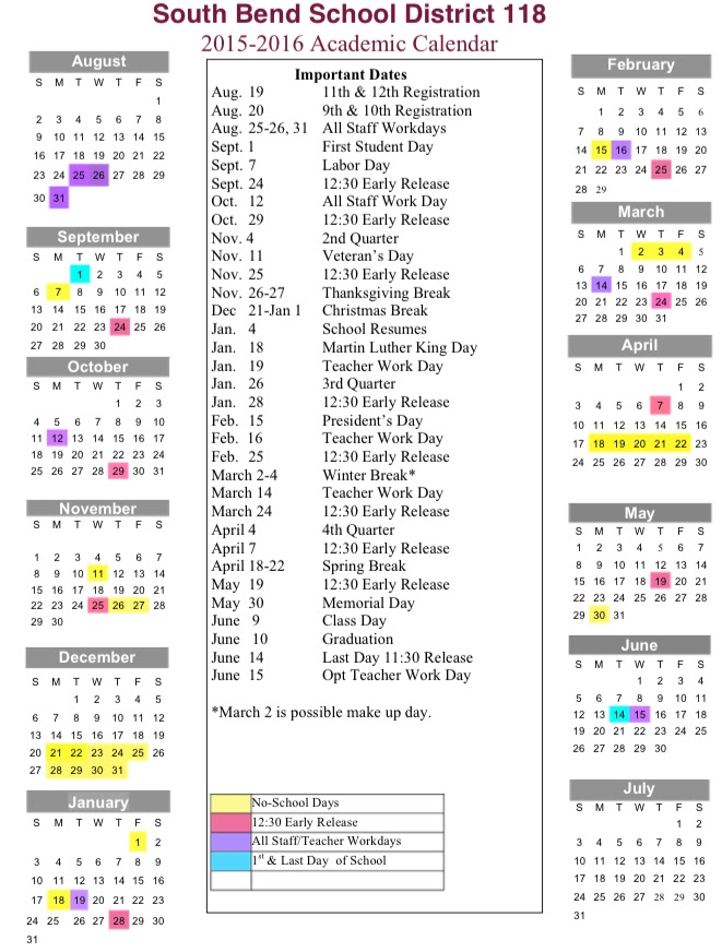South Bend Public Schools 201516 Academic Calendar
