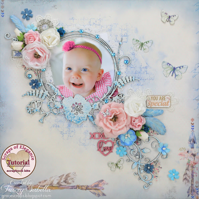 Scraps of Elegance scrapbook kits video tutorial: How to create this sweet baby layout. Tracey Sabella used our June 2017 kit to create this beautiful page, and did a Youtube step-by-step process video. BoBunny Serendipity.