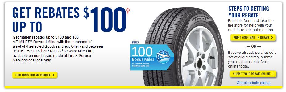 Where can you apply for a rebate on Goodyear tires?