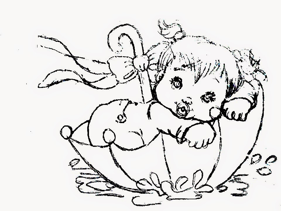 desenho de bebe menina dentro de um guarda chuva para pintar