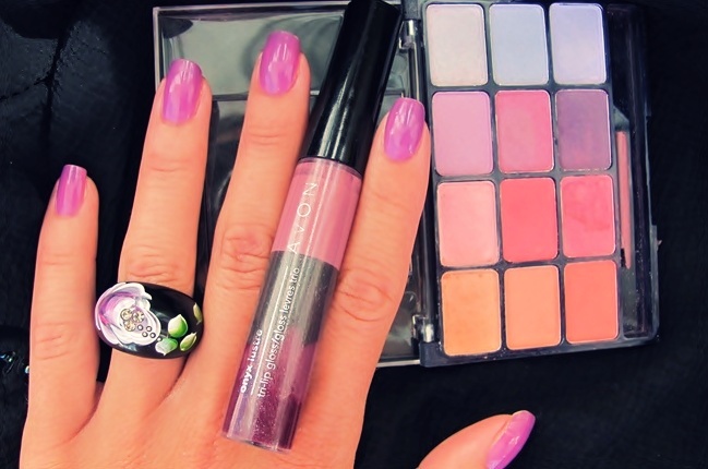purple eyeshadow palette purple lipgloss and purple nails