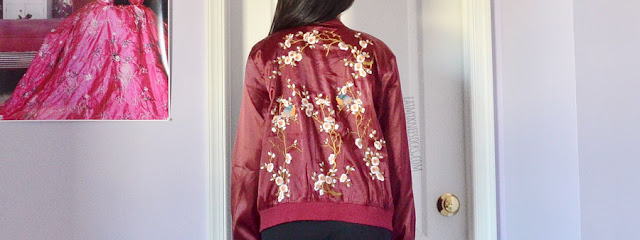 SheIn Fashion Review: Maroon Lace-Up Bodysuit + Satin Floral Bomber Jacket Wine red silky satin floral embroidered oversized bomber jacket from SheIn, worn with a plunging lace-up bodysuit and leather-paneled pants.