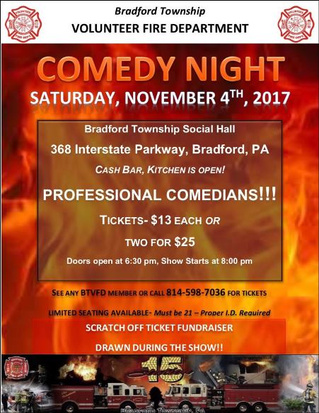 BTVFD is raffling off $3000 worth of scratch off lottery tickets, all proceeds benefit our department.   Tickets are $10 apiece and we only have 1000 tickets, see any BTVFD member or message our Facebook page for tickets.   The winner will be drawn on November 4th, 2017 at our Comedy Night!   https://www.facebook.com/events/361496134270489/?ti=icl