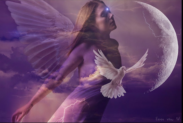 Preciosa imágen de una mujer ángel junto a una paloma en vuelo.