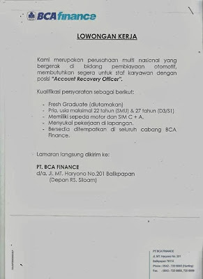 Sebuah perusahaan multi nasional di Balikpapan yang bergerak dibidang perbankan dan pembiayaan otomotif membutuhkan segera karyawan untuk posisi Account Recovery Officer. 