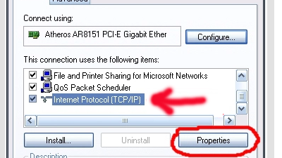 - Pada Local area Connection > klik kanan > Property > pilih TCP/IP > property.