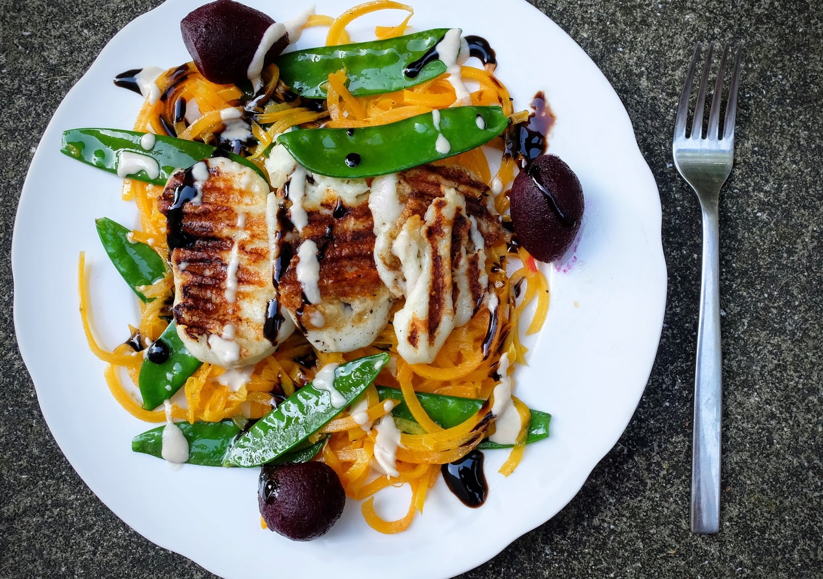 Halloumi & Butternut Squash Stir Fry with Tahini & Balsamic Dressing