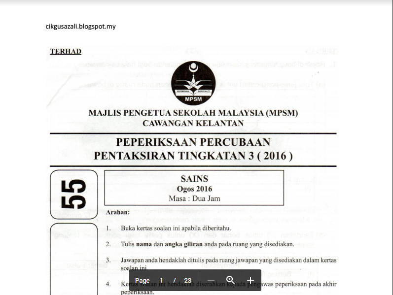 Panas : Soalan Percubaan Sains PT3 2016 (Kelantan) dan 