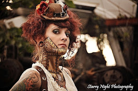 Steampunk special fx gold robot makeup with rivets and gears below skin. great cyberpunk cosplay or halloween costume for men and women.