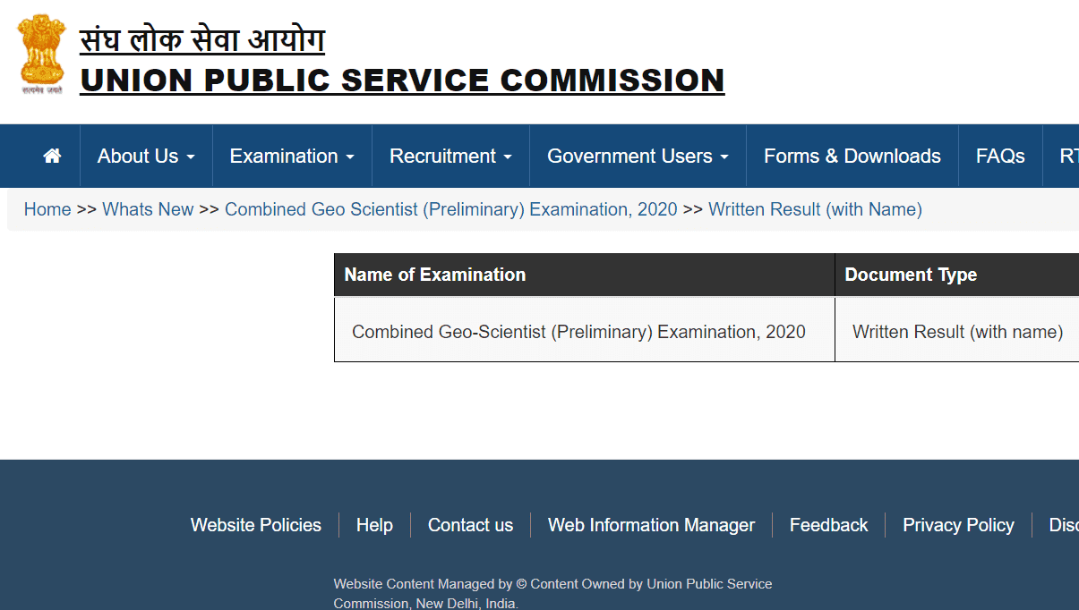 UPSC Geo Scientist Exam 2020 Result