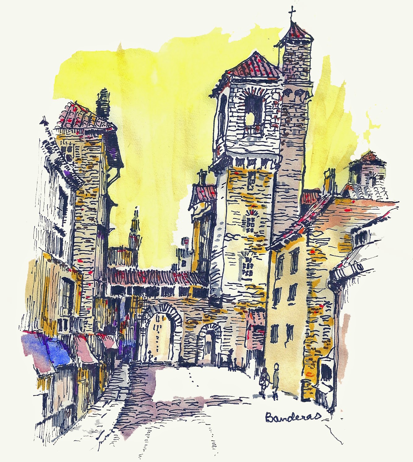 Terry's Ink and Watercolor Surrounded By Buildings