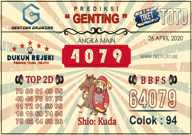 Prediksi Togel GENTING DRAWING TIKETTOTO 26 APRIL 2020