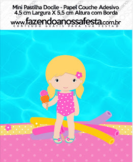 Fiesta en la Piscina para Niña Rubia: Etiquetas para Candy Bar para Imprimir Gratis. Etiquetas de Fiesta en la Piscina para Niña Rubia para imprimir gratis.