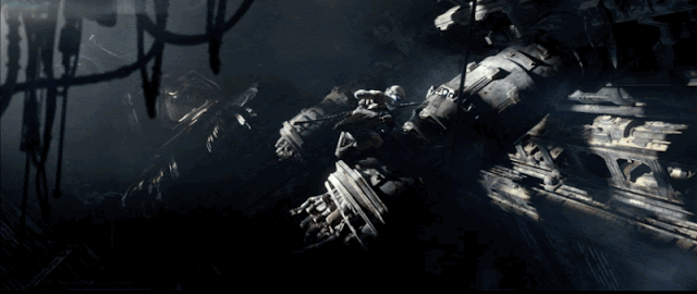 No gif: A enorme estrutura de uma nave caída que parece ruínas em um ambiente escuro, Rey está escalando uma parte