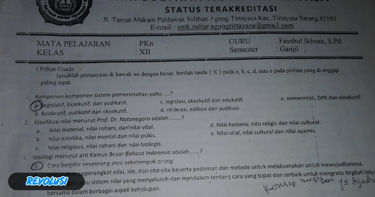Soal UTS PKN Kelas XII Beserta Jawabannya (SMA/SMK PG