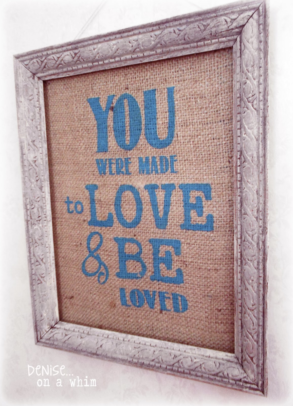 Peacock Chalk Paint on Burlap in a Pretty Cream Frame for Valentine's Day via http://deniseonawhim.blogspot.com