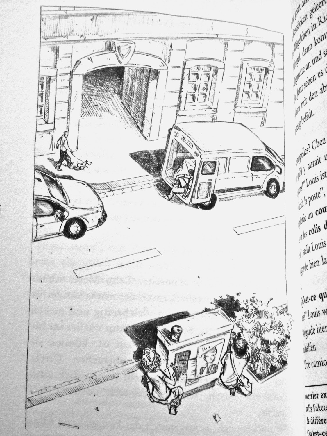 Blick ins Buch: Die Kinder beobachten, hinter einem Trafokasten versteckt, die andere Straßenseite