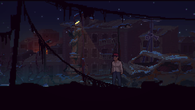 The Long Reach - The player walks in a snowy abandoned poor neighborhood at night.