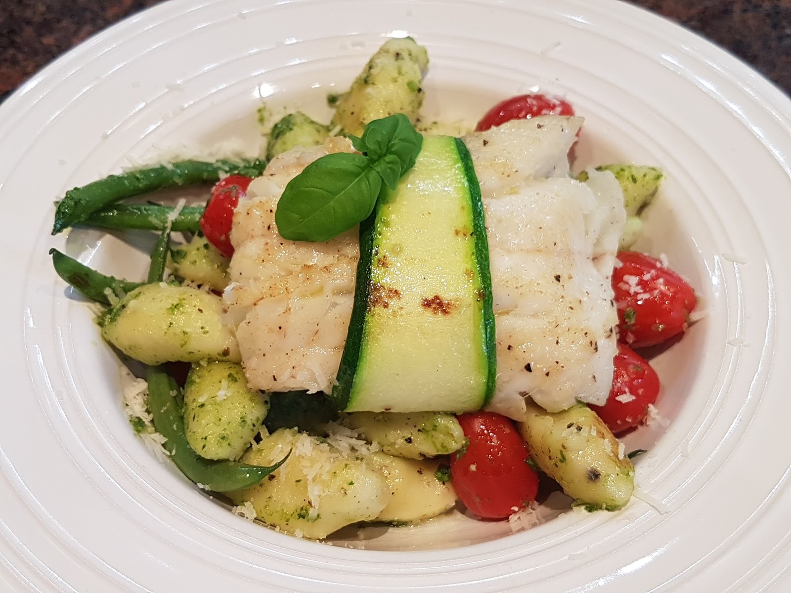 Almost Wasted Baked Cod with Crispy Gnocchi, Green Beans, Grape