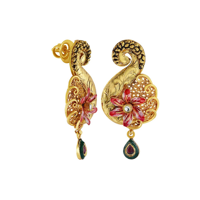 Elegant earrings curated in sterling silver with filigree, enamelling and detailed inscription in a gold plated tone by Izaara-min Elegant earrings curated in sterling silver with filigree, enamelling and detailed inscription in a gold plated tone by Izaara-min
