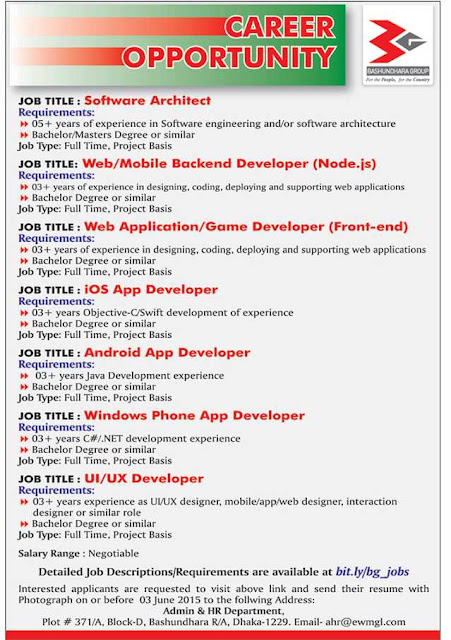 Organization: Bashundhara Group job circular, Post: Software Architect, Web/Mobile Backend Developer and more  