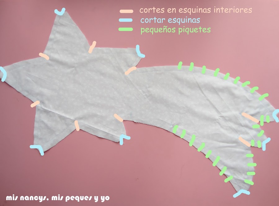 mis nancys, mis peques y yo, tutorial DIY cojín con forma de estrella de Navidad, zonas donde hay que dar piquetes