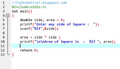 Information: C program code for Area of Square