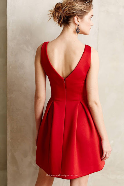 Short Red Satin Sleeveless V-Neck Textured A-Line Cocktail Bridesmaid Dress