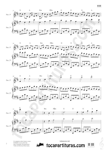 Hoja 2 Canon de Pachelbel para Piano en Re Mayor Partitura a dos manos. El arreglo lleva la Melodía a dos voces adaptada junto al acompañamiento fácil. Pianists Sheet Music for 2 Piano in D (easy accompaniment) by Pachelbel