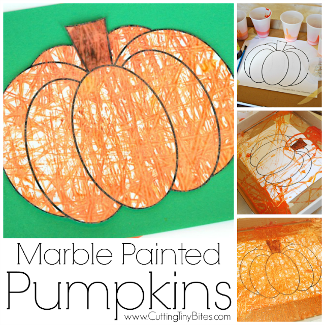 Fall or Halloween process art craft project for kids. Marble painting pumpkins or jack-o'-lanterns! Great for preschool or elementary.