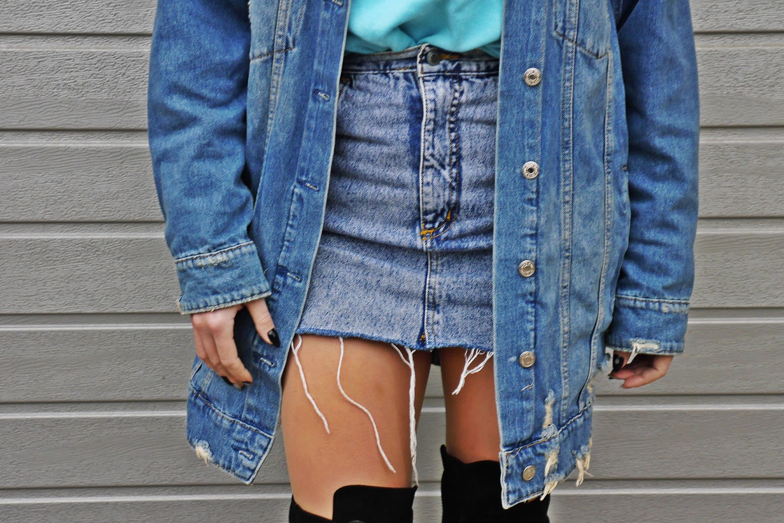 denim jacket high knee boots blue sweater karyn blog fashion blogger ootd