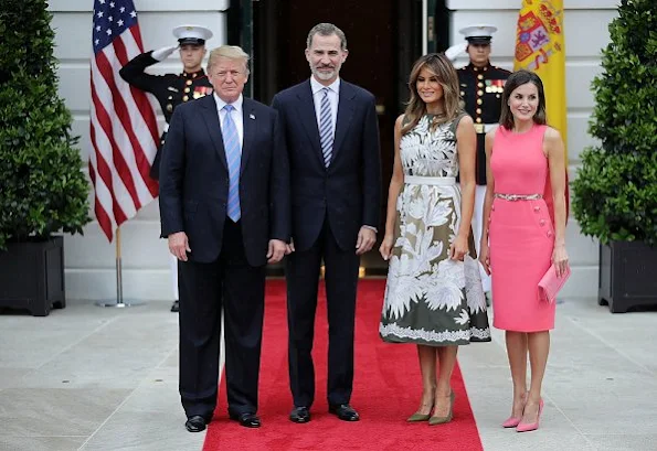 Queen Letizia wore Michael Kors button detail stretch wool dress.President Donald Trump. First Lady Melania Trump wore print dress
