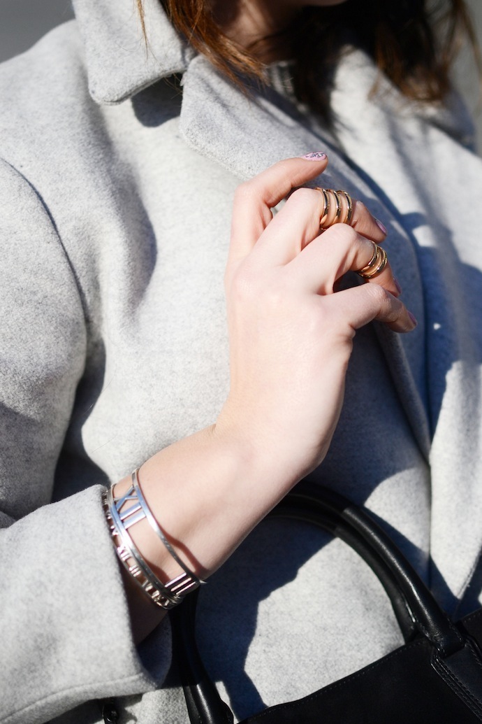 Gap cashmere sweater, white overalls, grey wool coat, Adidas superstars Vancouver fashion blogger Le Chateau rings