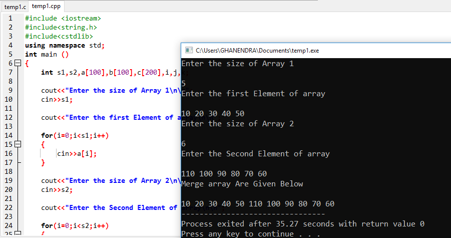 C++ Program To Merge Ascending And Descending Array Into The Third Array