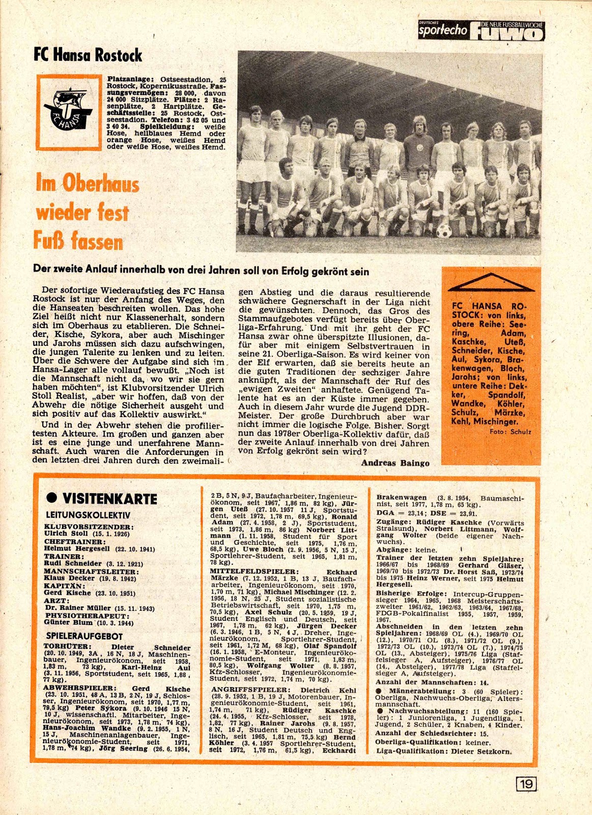 DDR OBERLIGA 197879. Les équipes du championnat.