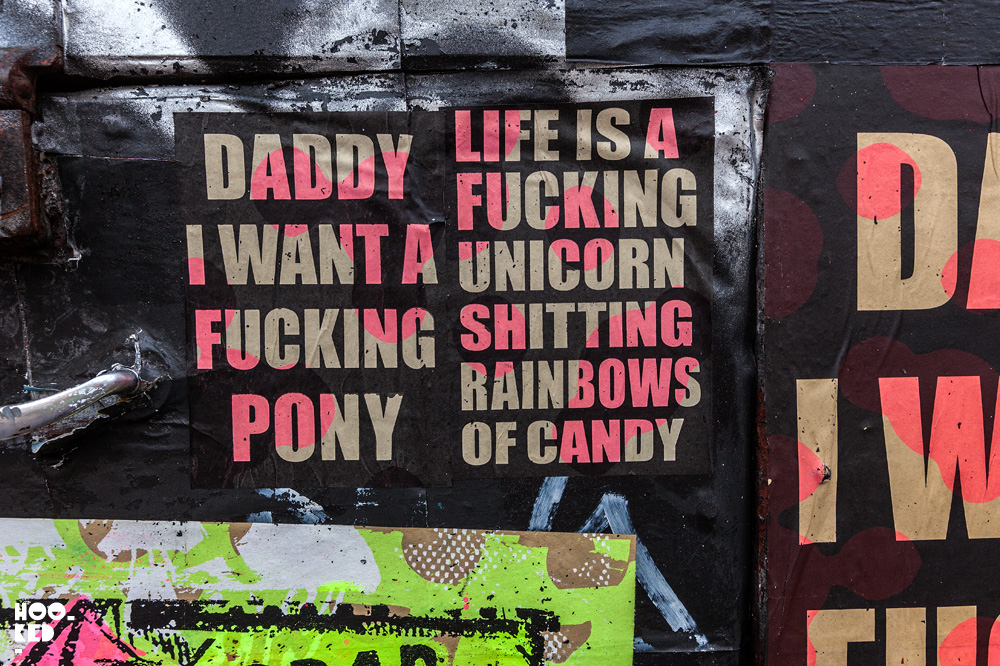 Screen-printed text based Brick Lane street art paste-ups by artist Aida Wilde. Screen-printed text based Brick Lane street art paste-ups by artist Aida Wilde.