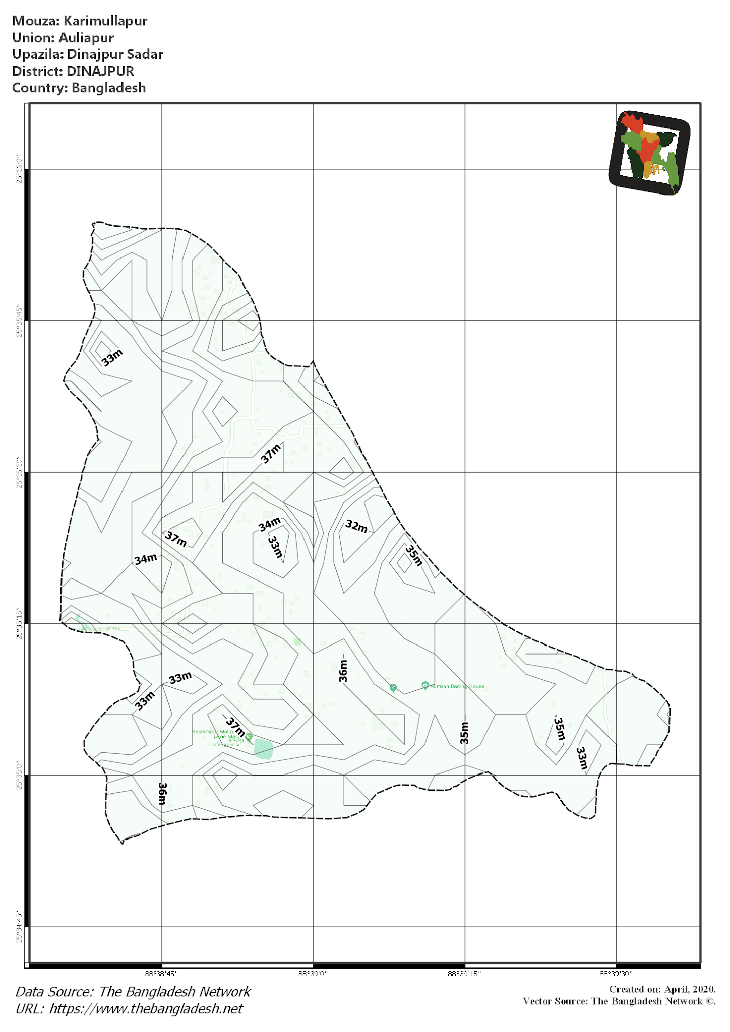 Map of Karimullapur Mouza of Dinajpur Sadar Upazila, DINAJPUR, Bangladesh.