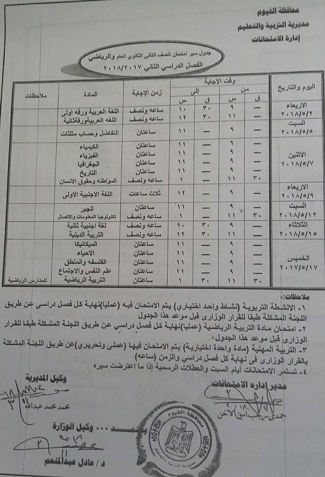 جداول امتحانات محافظة الفيوم الترم الثاني 2018 0%2B%25283%2529
