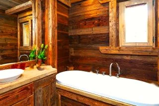 Cottage bathroom with wood wall panels.
